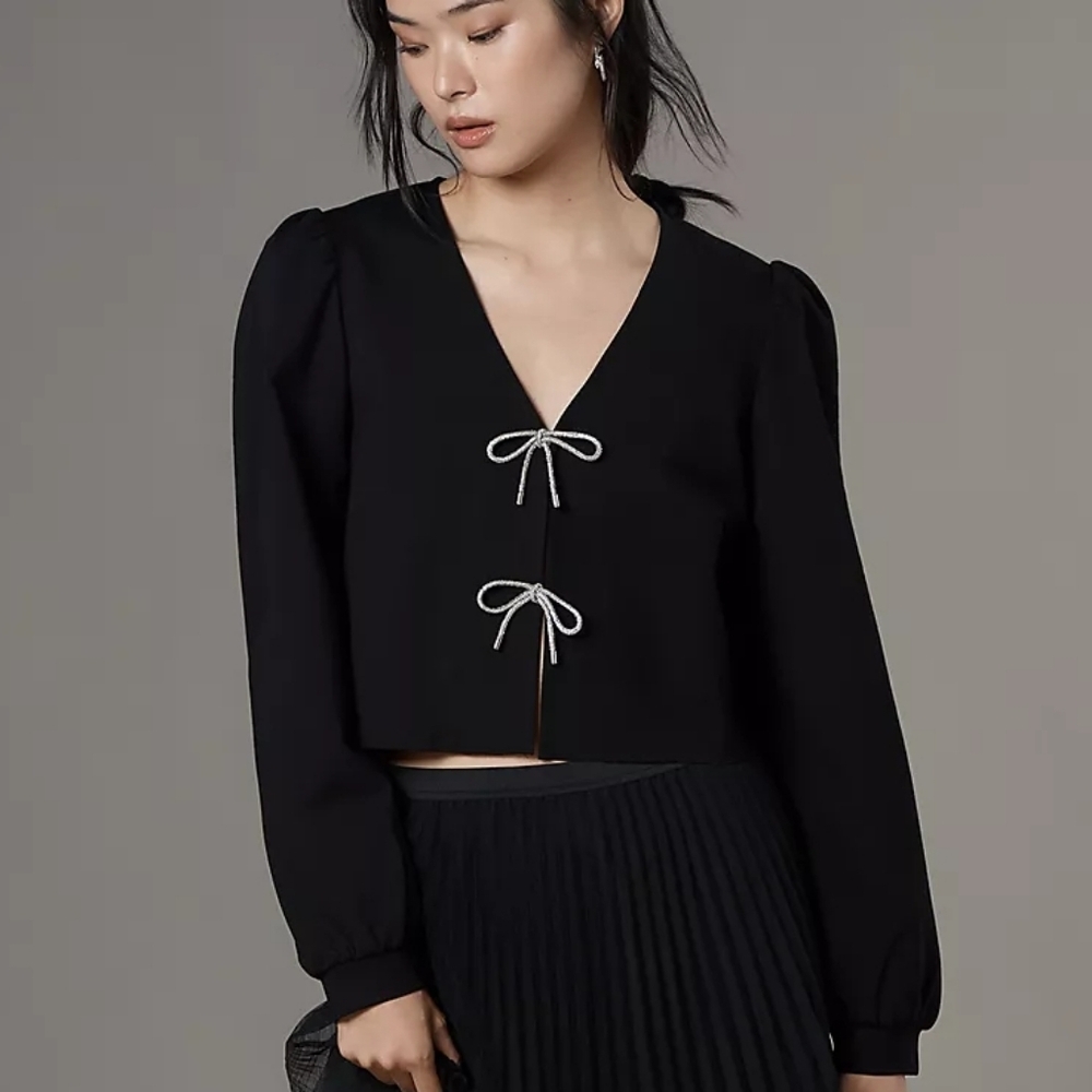 Dolan Black Left Coast Rhinestone Bow-Front Cardigan Top - Women's Medium